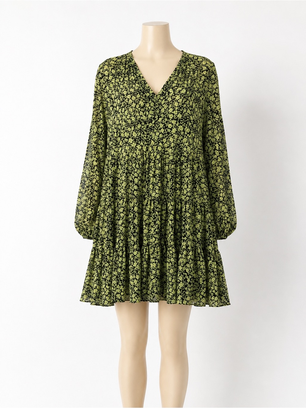Zara Olive Green Floral V-Neck Tiered Mini Dress